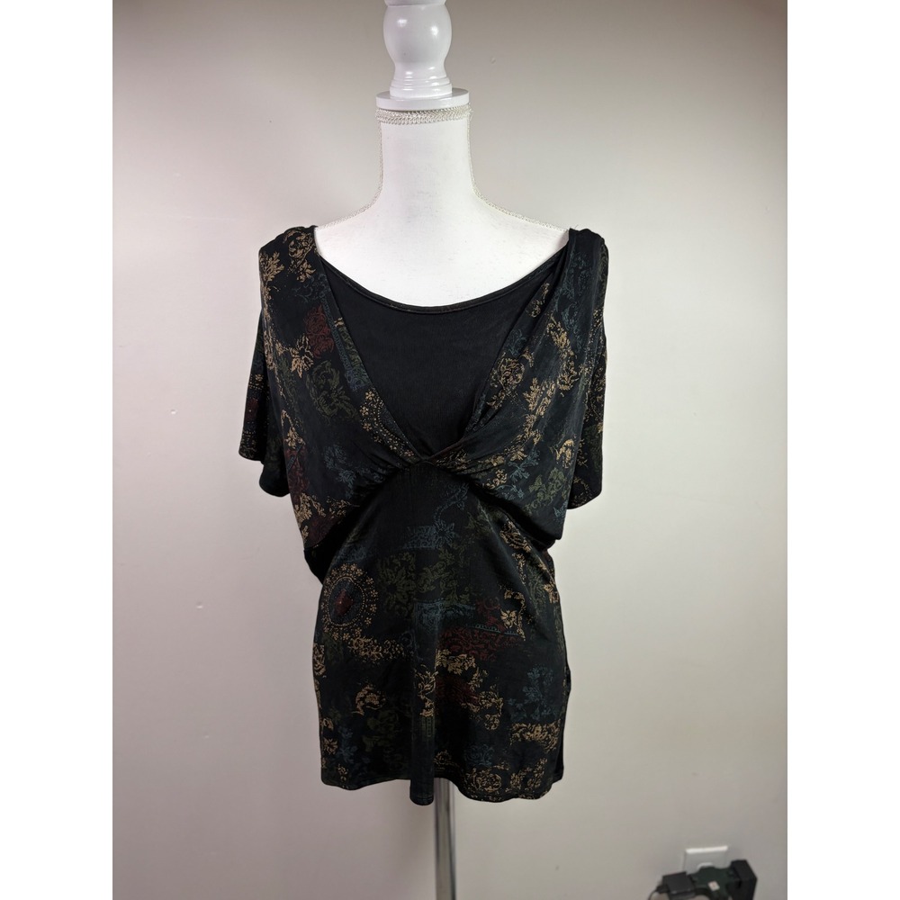 Coldwater Creek Womens M Black Floral Medallion Layered V-Neck Tunic Top USA